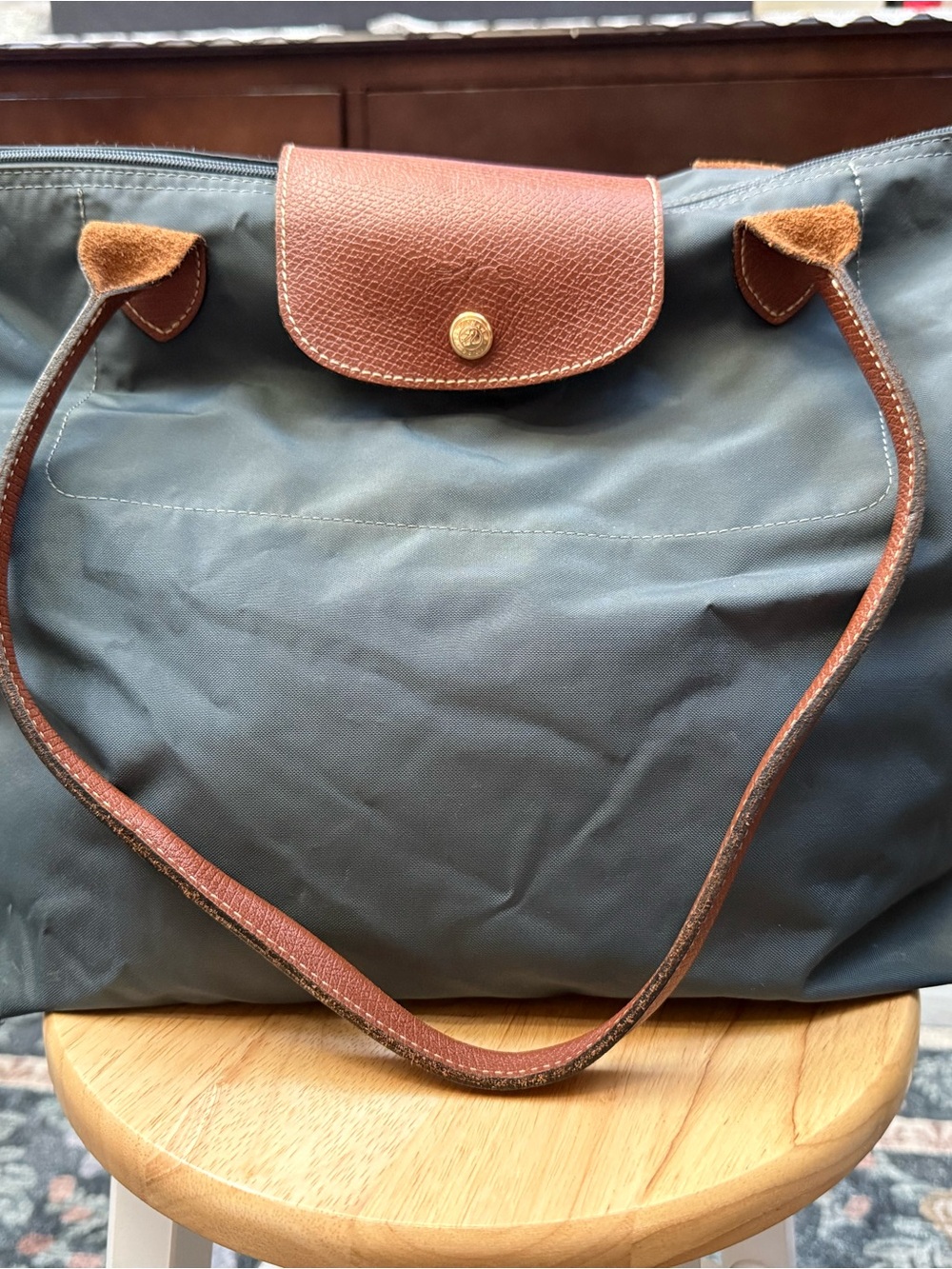 Longchamp Le Pliage Large Gray blue Nylon Brown Leather Shoulder Tote